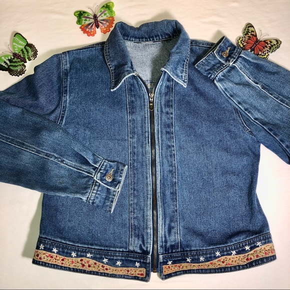Vintage Agapo American Flag Denim Jacket, Decorative trim w/embroidered stars, - Picture 2 of 15